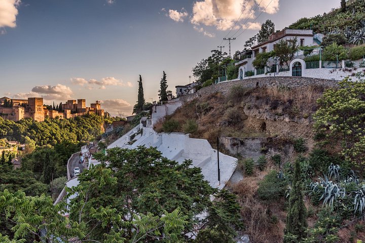 White hillside houses and the Alhambra towers above a wooded ravine