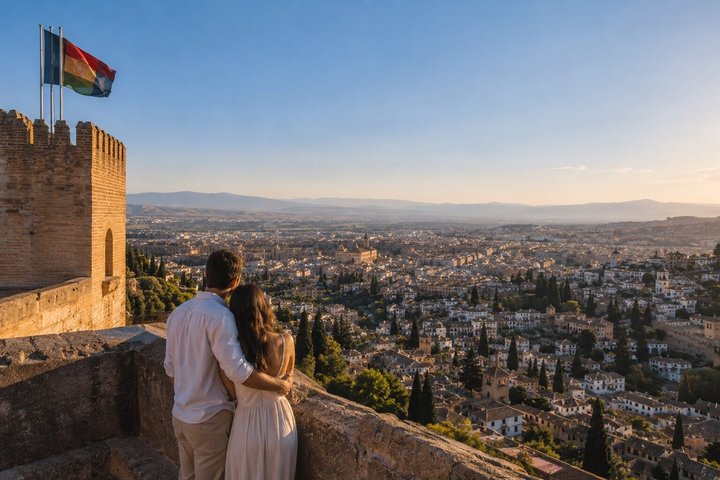 Visitors looking over Granada from the Alcazaba ramparts