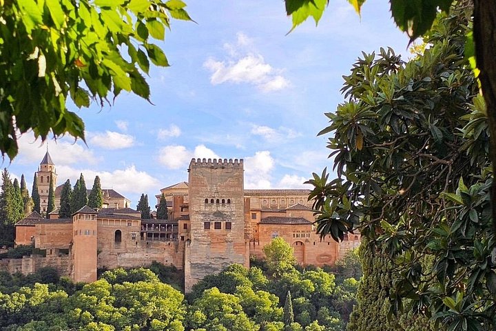 Alhambra walls and towers framed by leafy branches in daylight